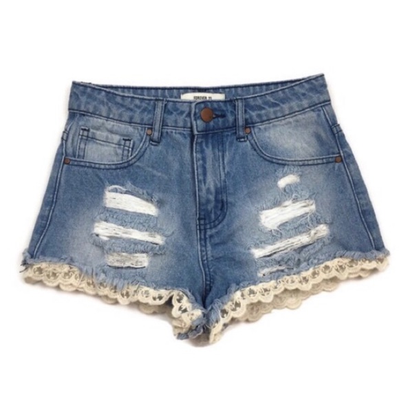 Forever 21 Denim High Waisted Lace Trim Shorts - Picture 1 of 3